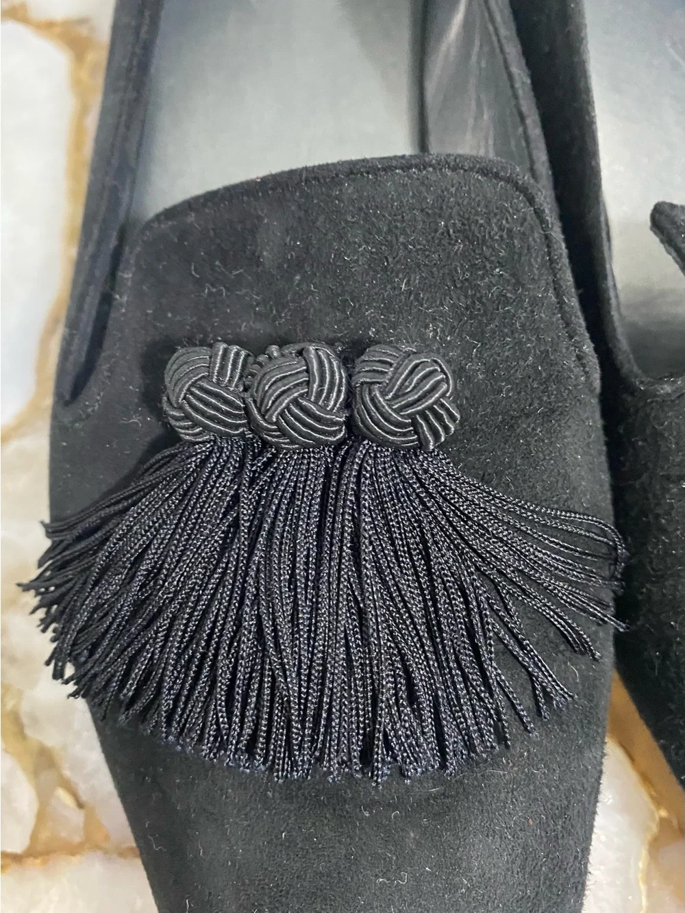 Stuart Weitzman Black Suede Tassel Pointed Loafers